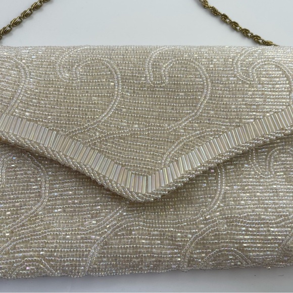 Vintage La regale Ivory White Cream Beaded satin purse clutch bag - Picture 2 of 16